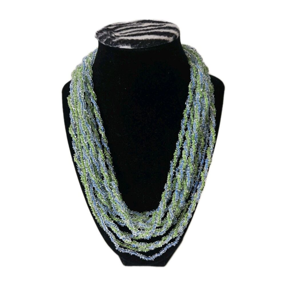 Vintage Japanese 70's Glass Seed Bead & Faceted Crystal Multi-Strand Necklace